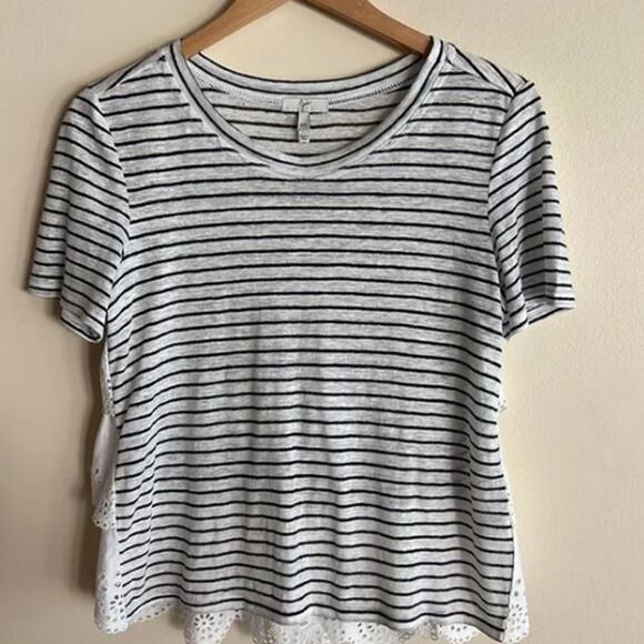 JOIE White Blue Striped Ruffle Tiered Eyelet Lace Back Tee Shirt Relaxed Top S - Picture 8 of 10